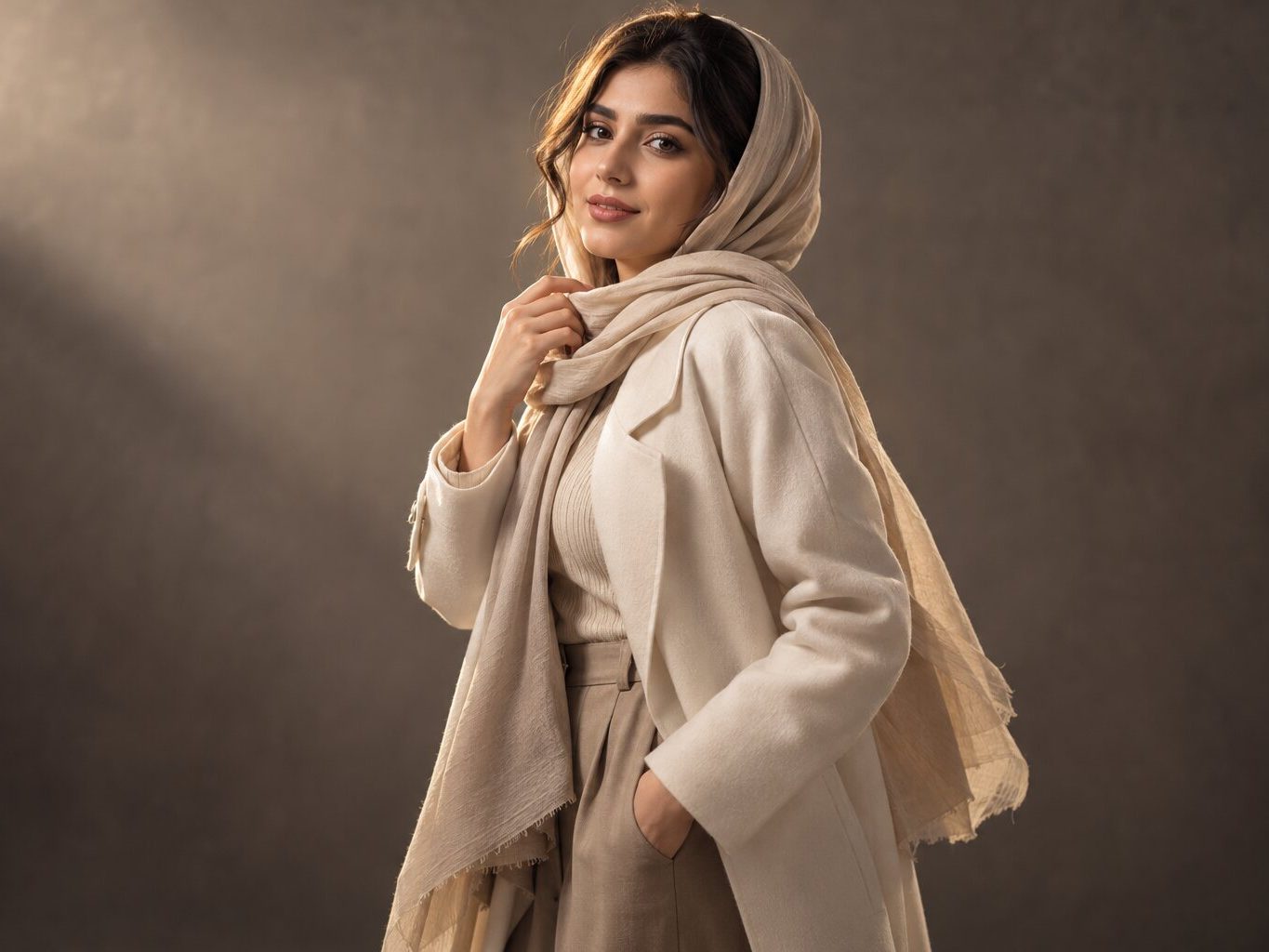 ژست عکاسی دخترانه سه رخ با مانتو بلند و شال روشن و وزن روی پای عقب