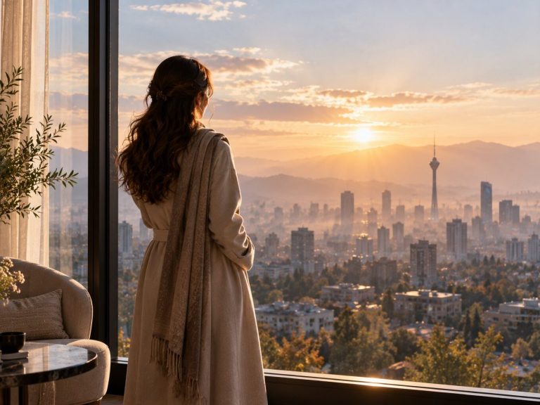 ژست عکاسی بدون چهره زن با روسری روشن پشت به دوربین رو به پنجره