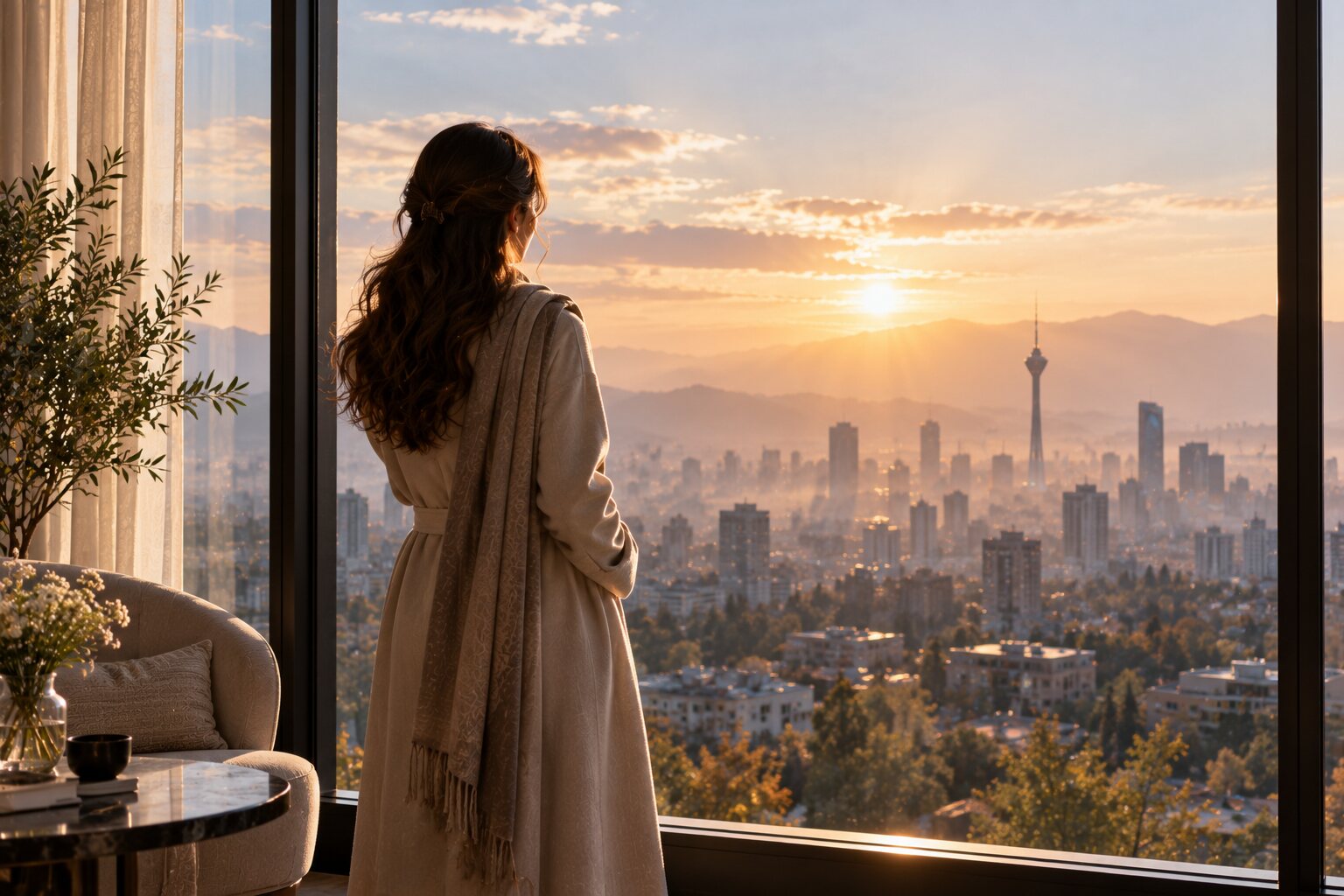 ژست عکاسی بدون چهره زن با روسری روشن پشت به دوربین رو به پنجره